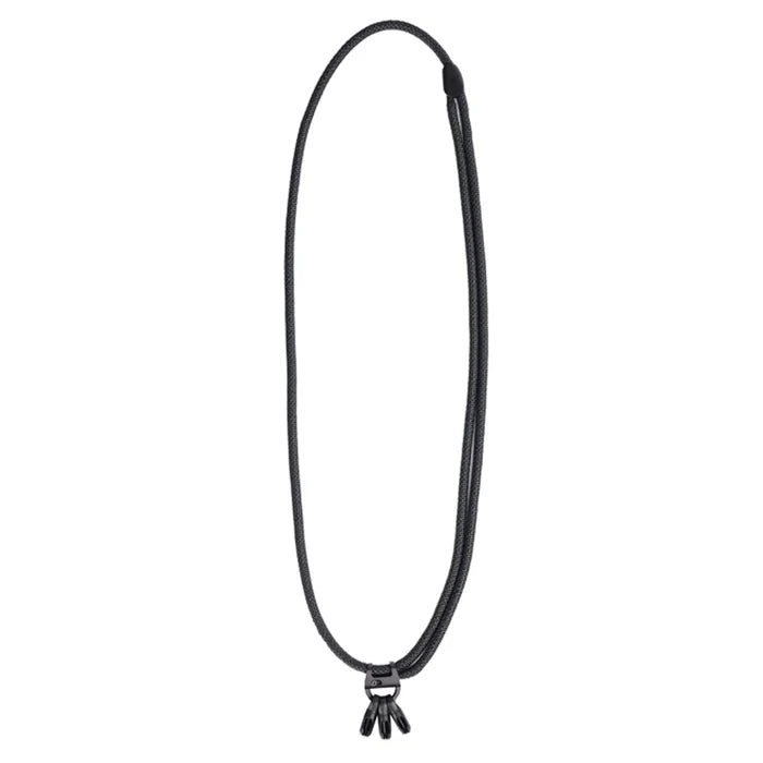 A black braided cord strap with a small black metal clasp and three dangling cord ends, shown on a plain white background.