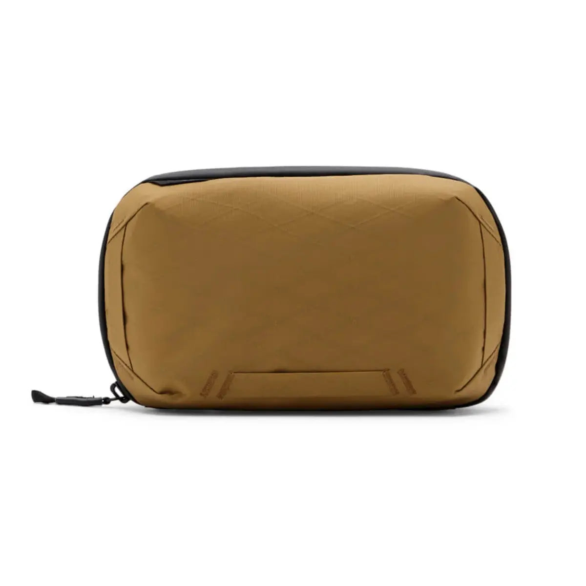 Brown toiletry bag with black zipper on a white background
