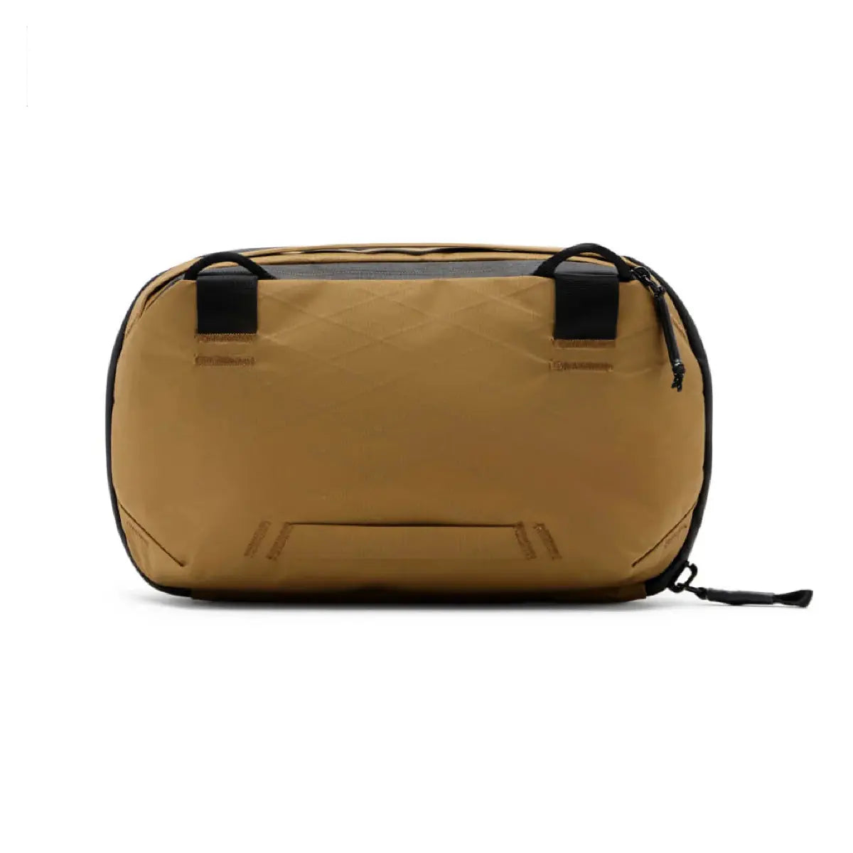 Tan duffel bag with black straps on a white background