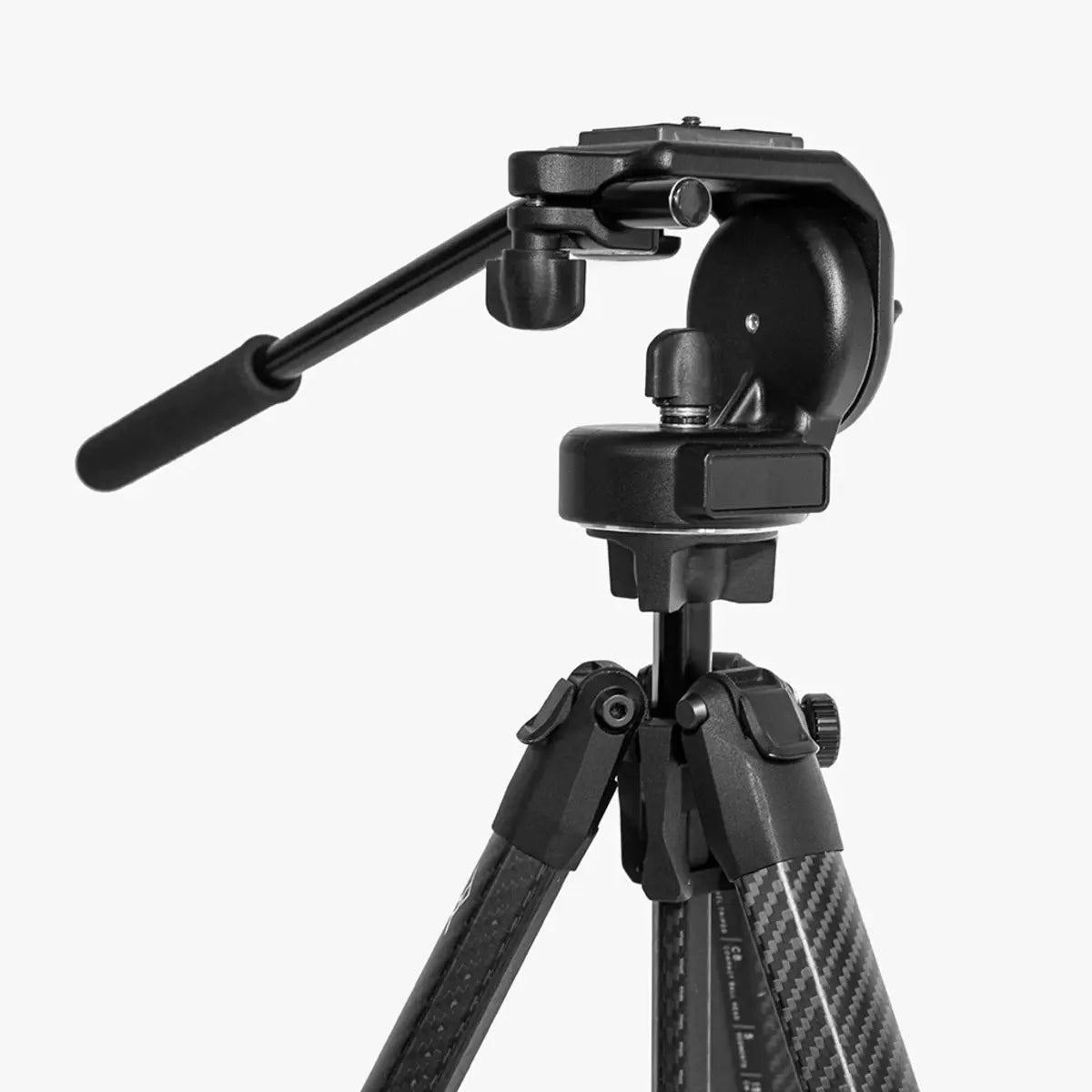 Black tripod with pan head on a white background