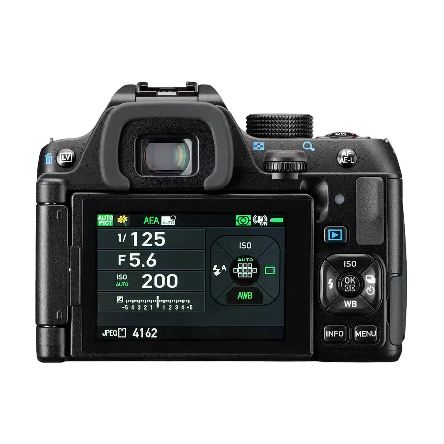 Camera body with display screen on a white background