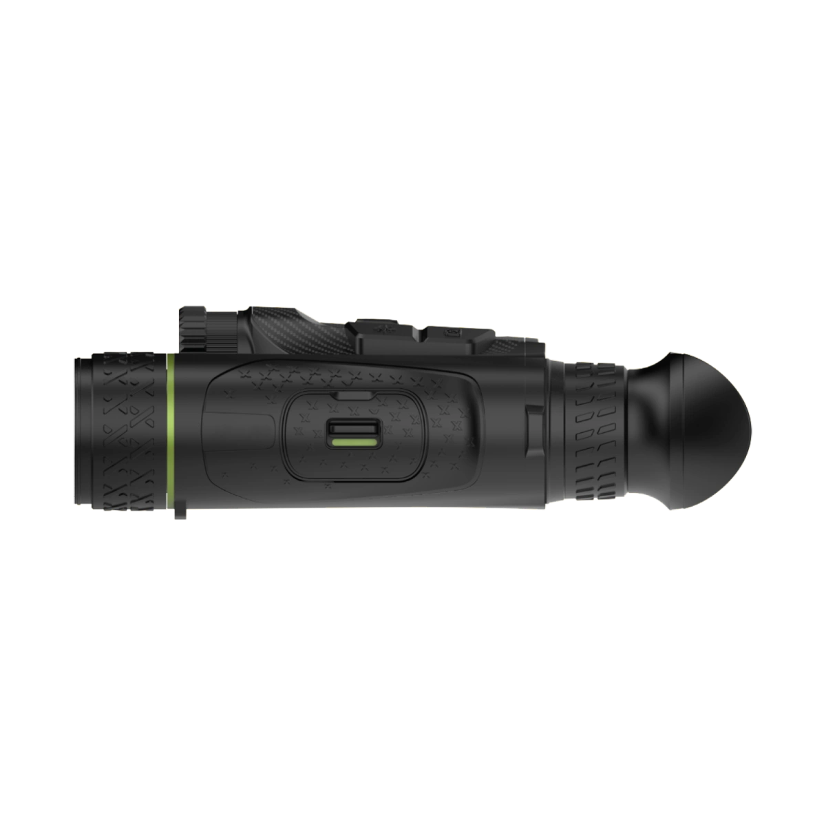 A black thermal monocular device with a textured grip, a side switch featuring a small green accent, and a dome-shaped eyepiece, shown against a plain white background.