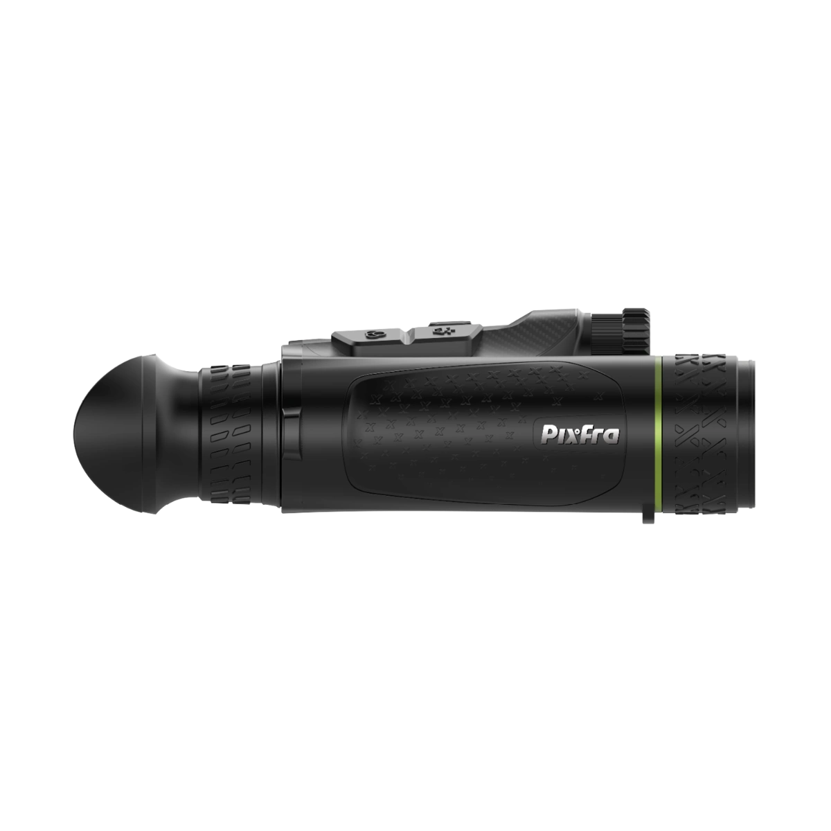 A black Pixfra thermal monocular device shown in a side profile view against a solid white background.