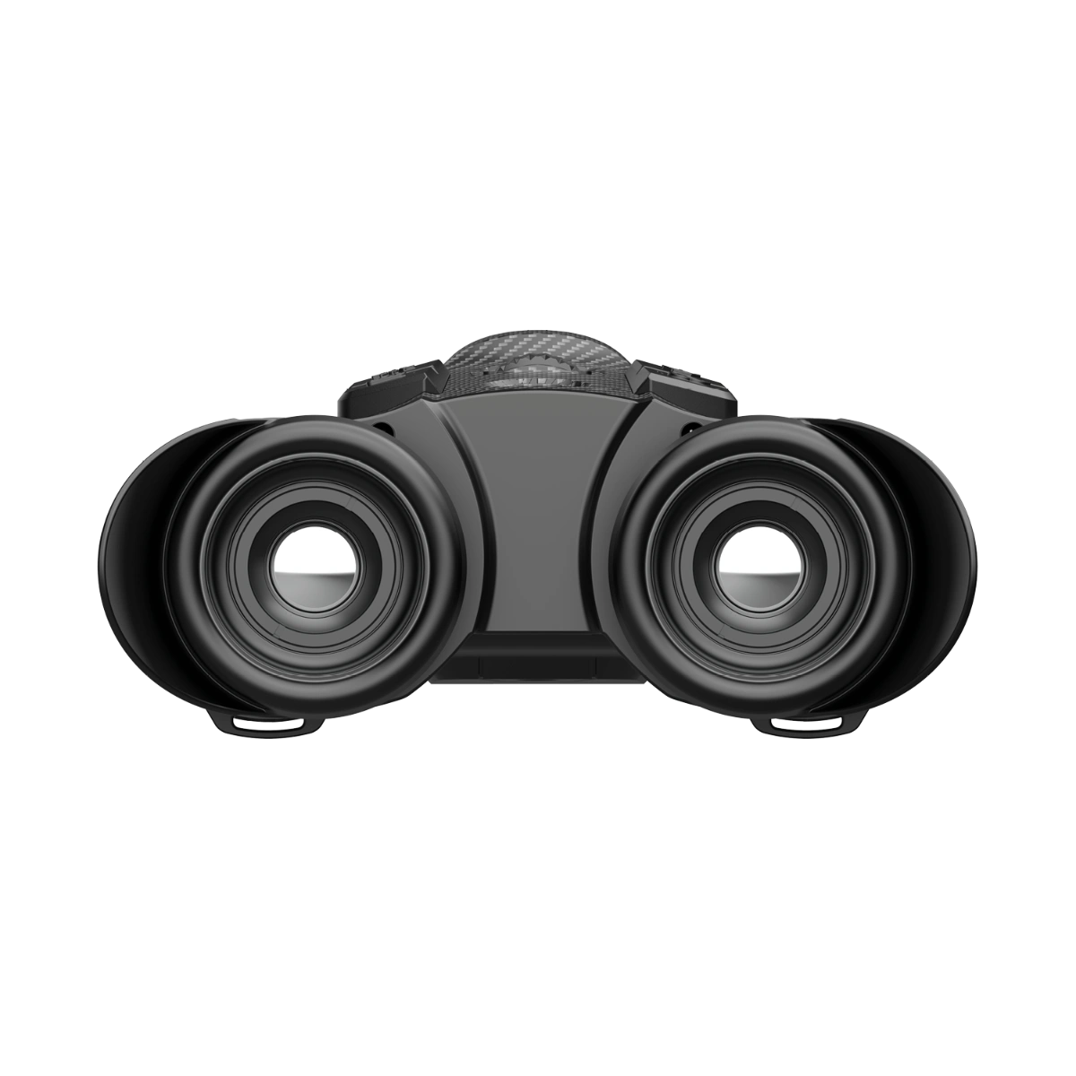 Black binoculars photographed from the front on a plain white background.