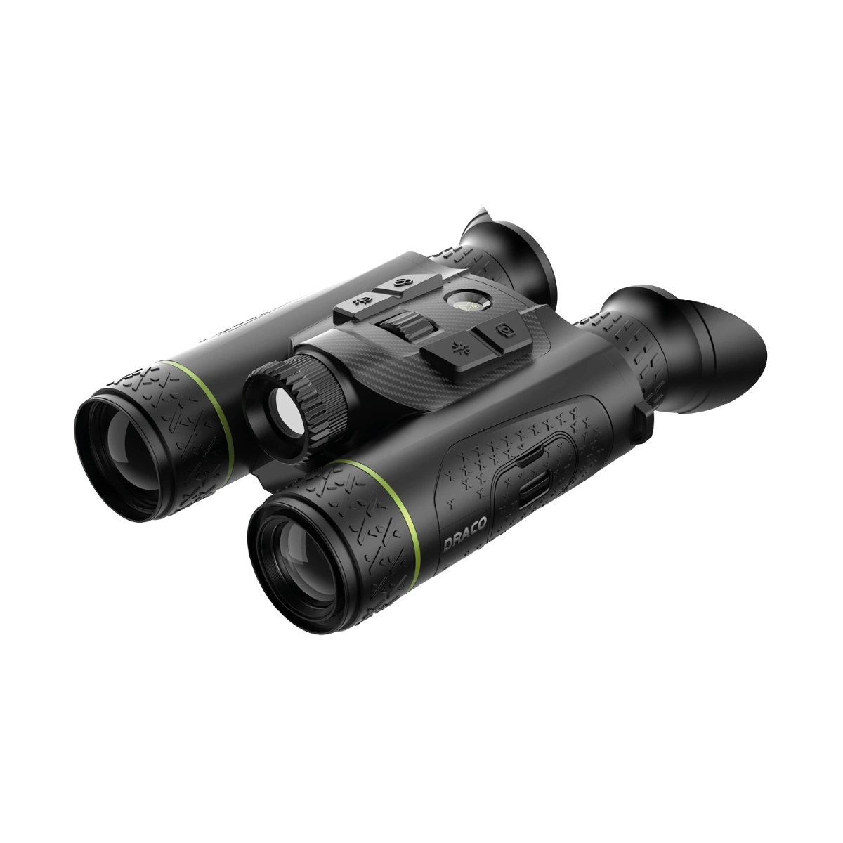 Black Draco thermal binoculars with textured rubberized eyecups, a central control handle, and a distinctive lime green accent ring, shown on a solid white background.