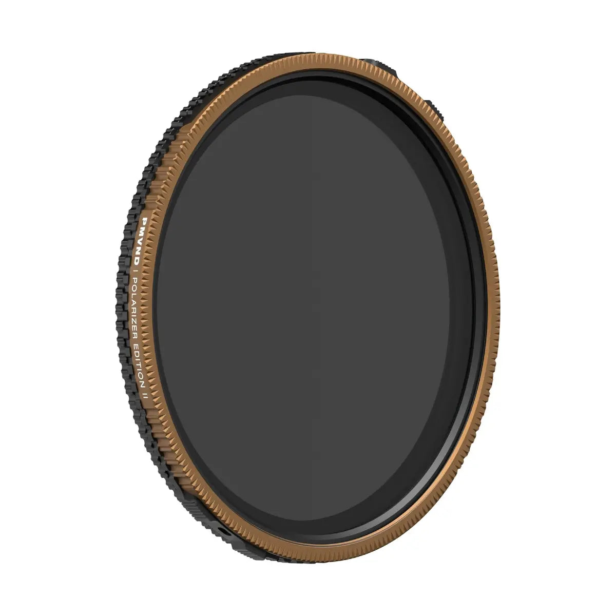 Camera lens filter with brown metal rim on a white background