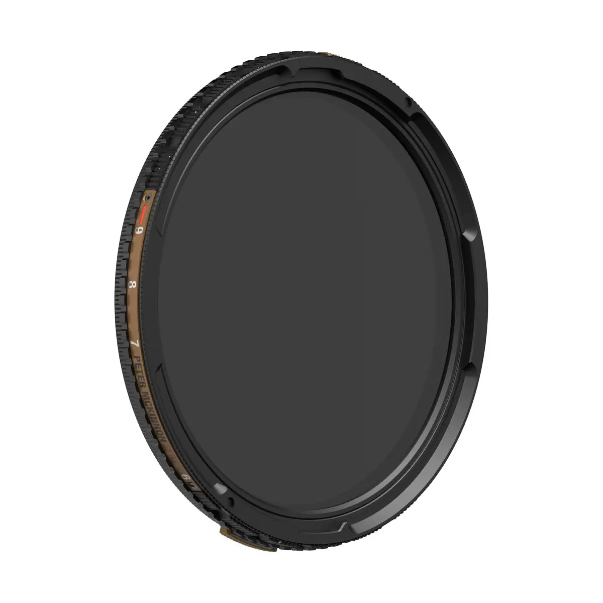 Black camera lens filter on a white background