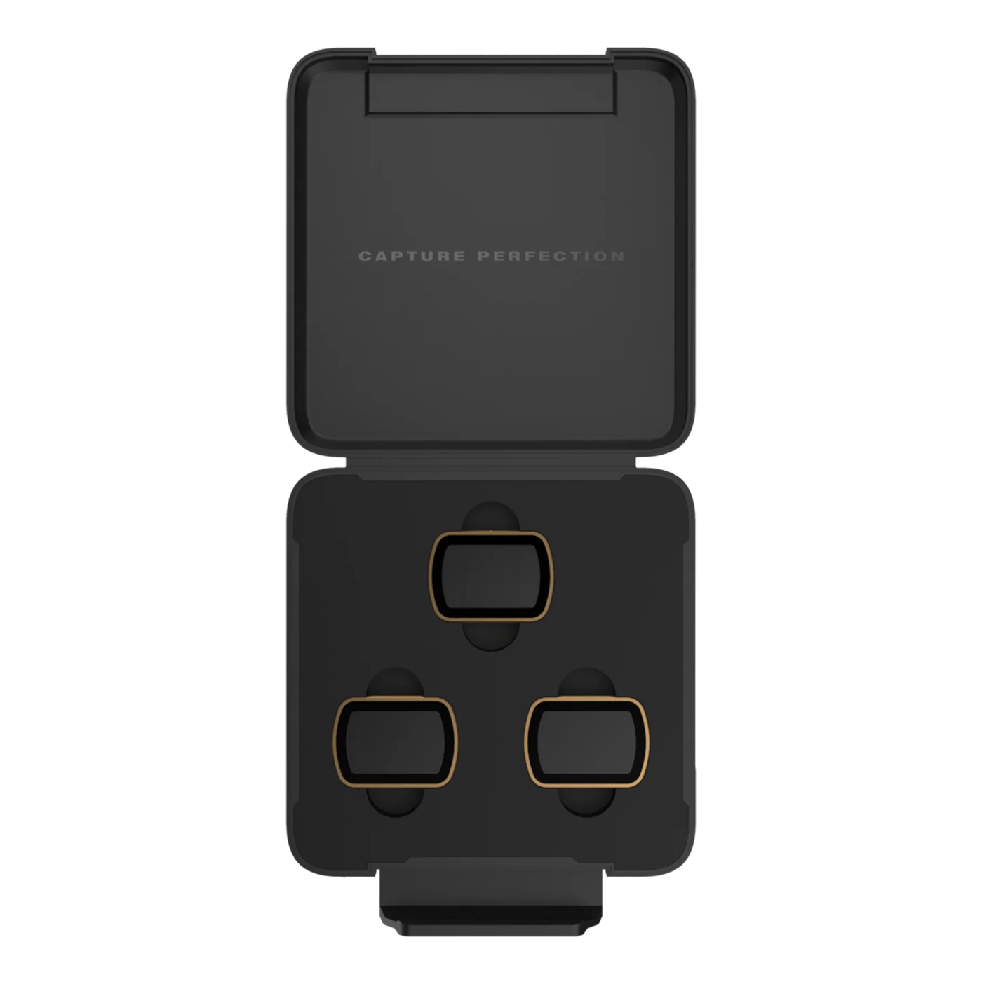 Black makeup compact with gold accents on a white background