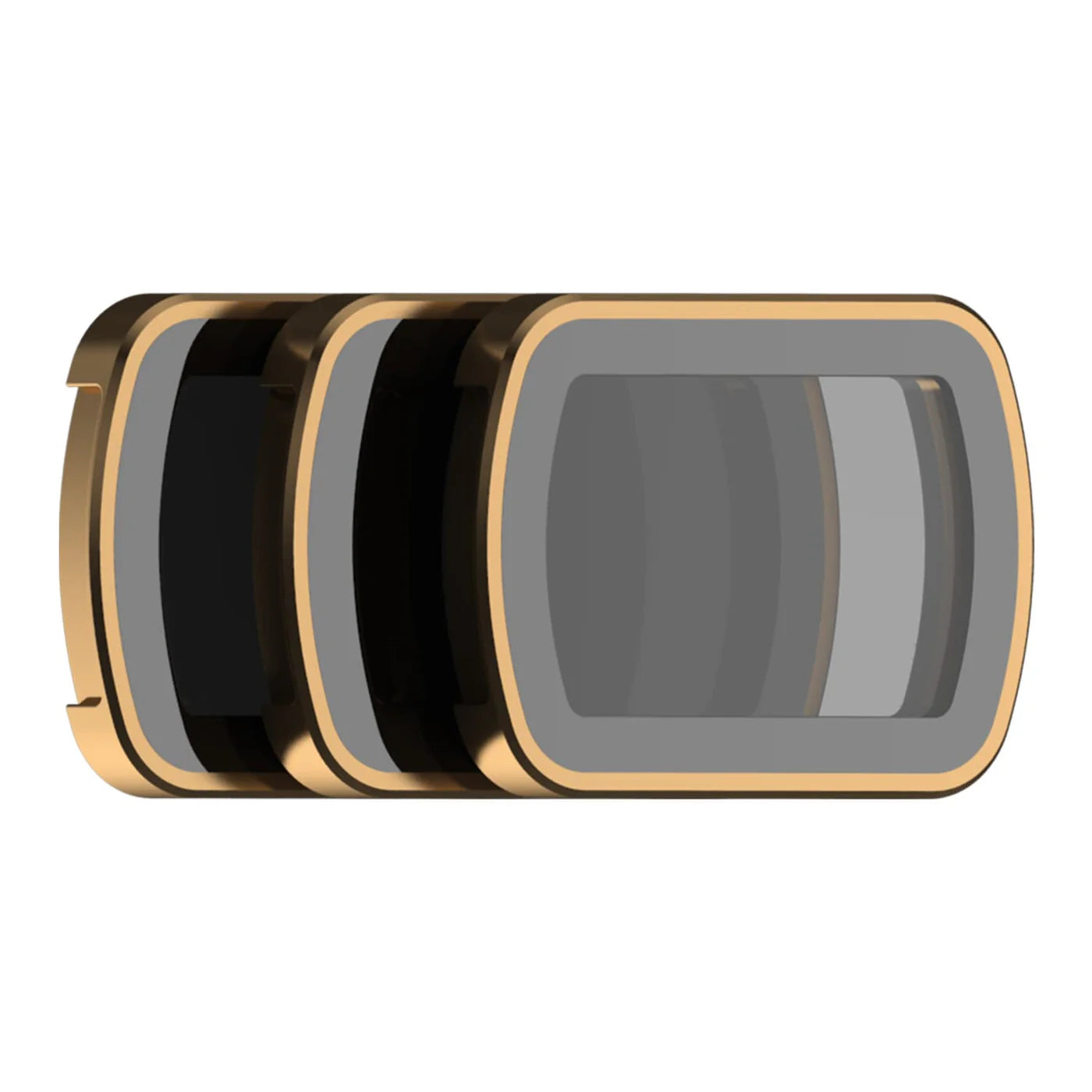 Three camera lens filters with gold frames on a white background