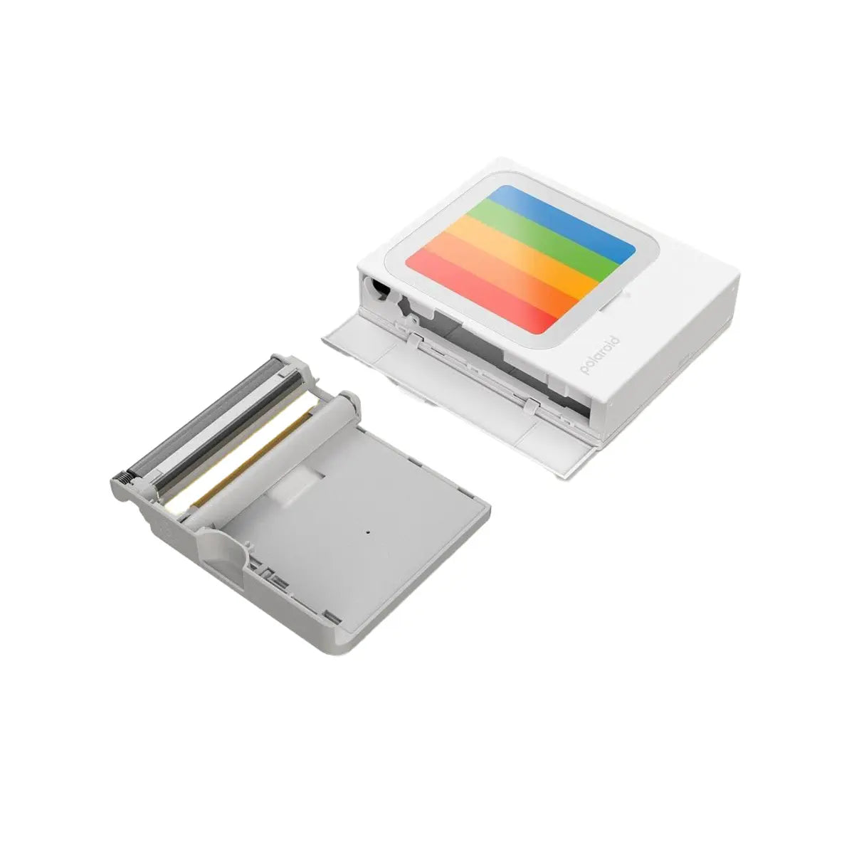 White electronic device with a colorful display on a white background