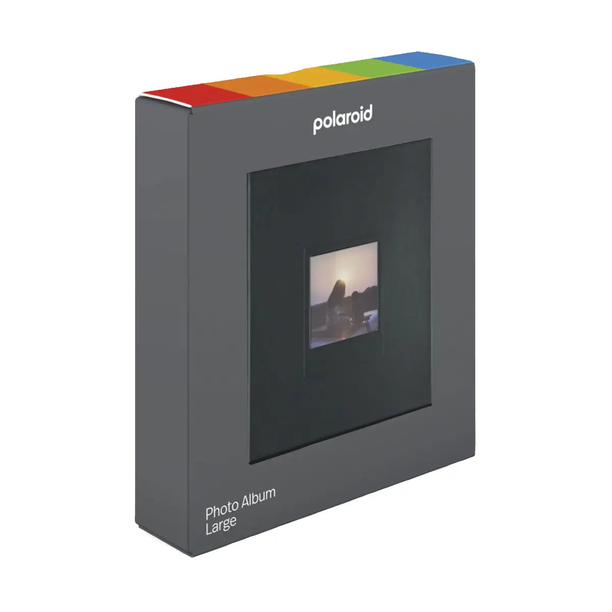 Polaroid photo album packaging with a small window displaying an image.