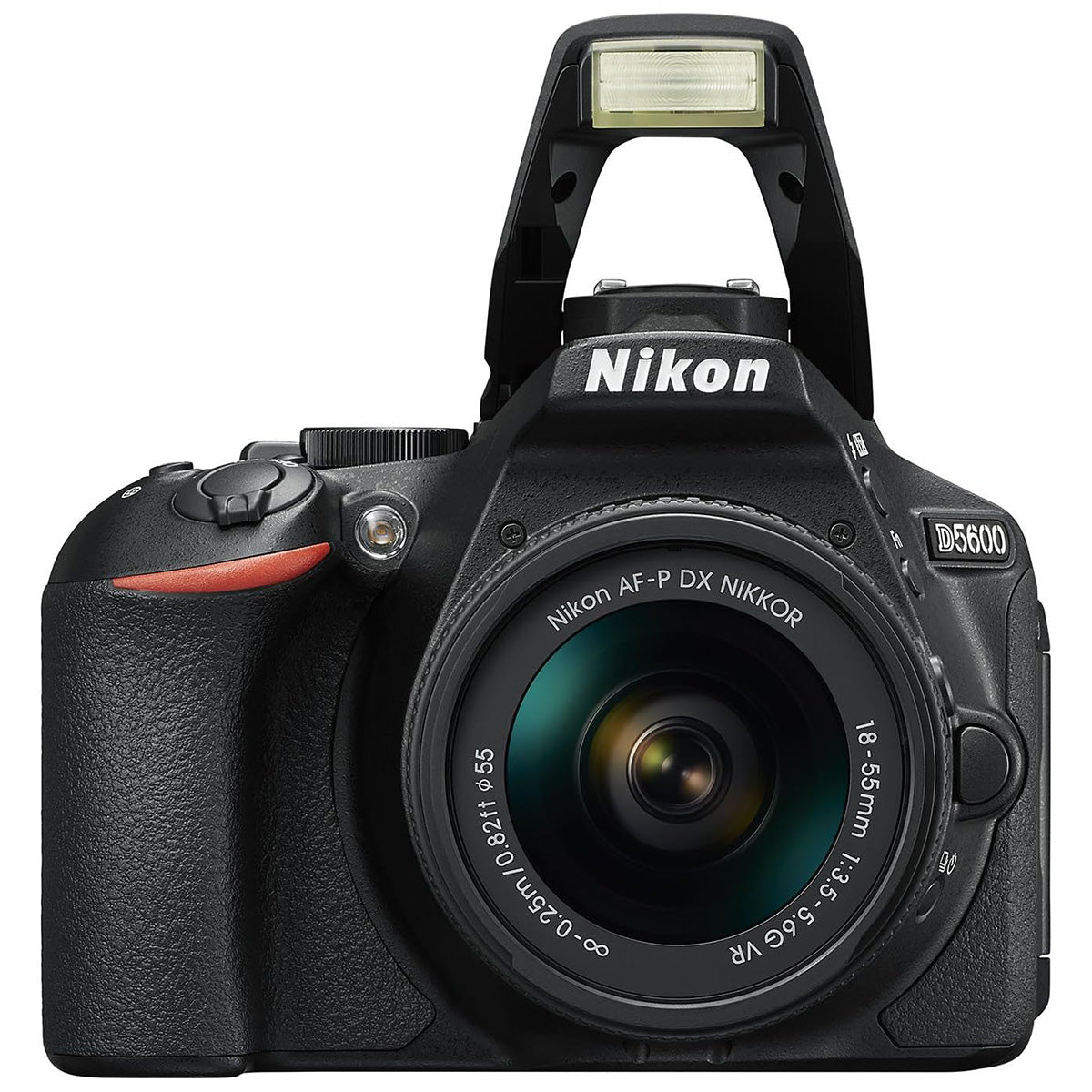 Refurbished Nikon D5600 + Nikkor AF-P 18-55mm VR front angle with flash deployed