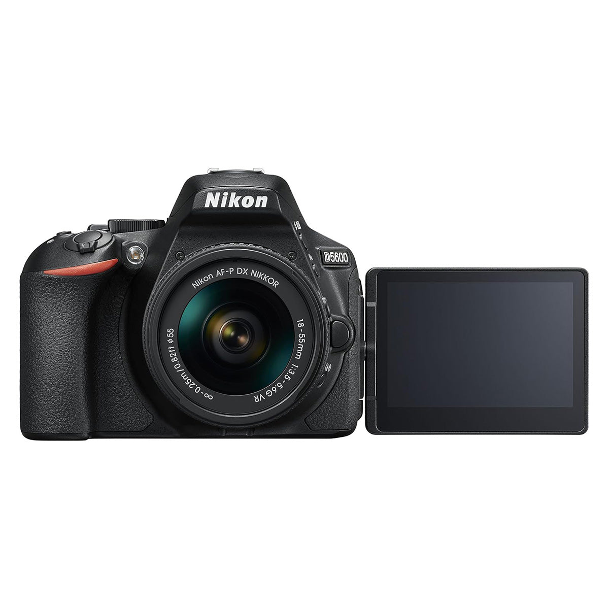 Refurbished Nikon D5600 + Nikkor AF-P 18-55mm VR front angle with rear screen extended