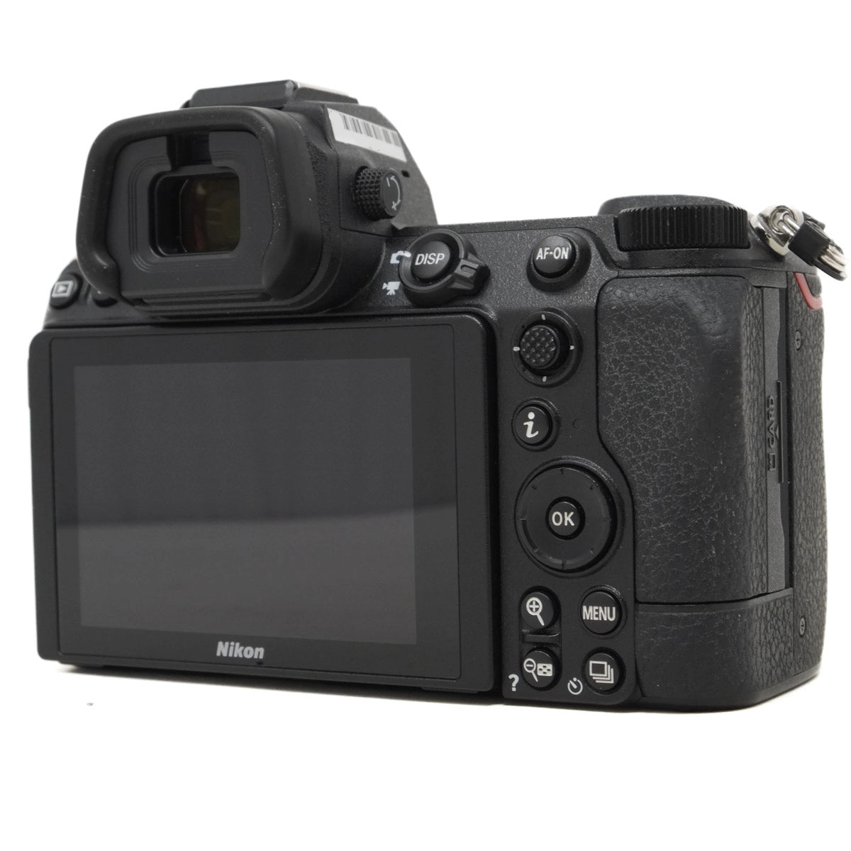 Back view of a Nikon camera on a white background