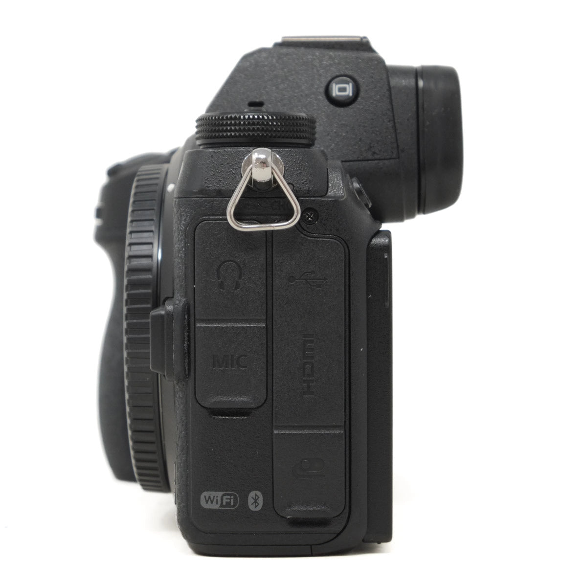 Black camera body with various ports on a white background