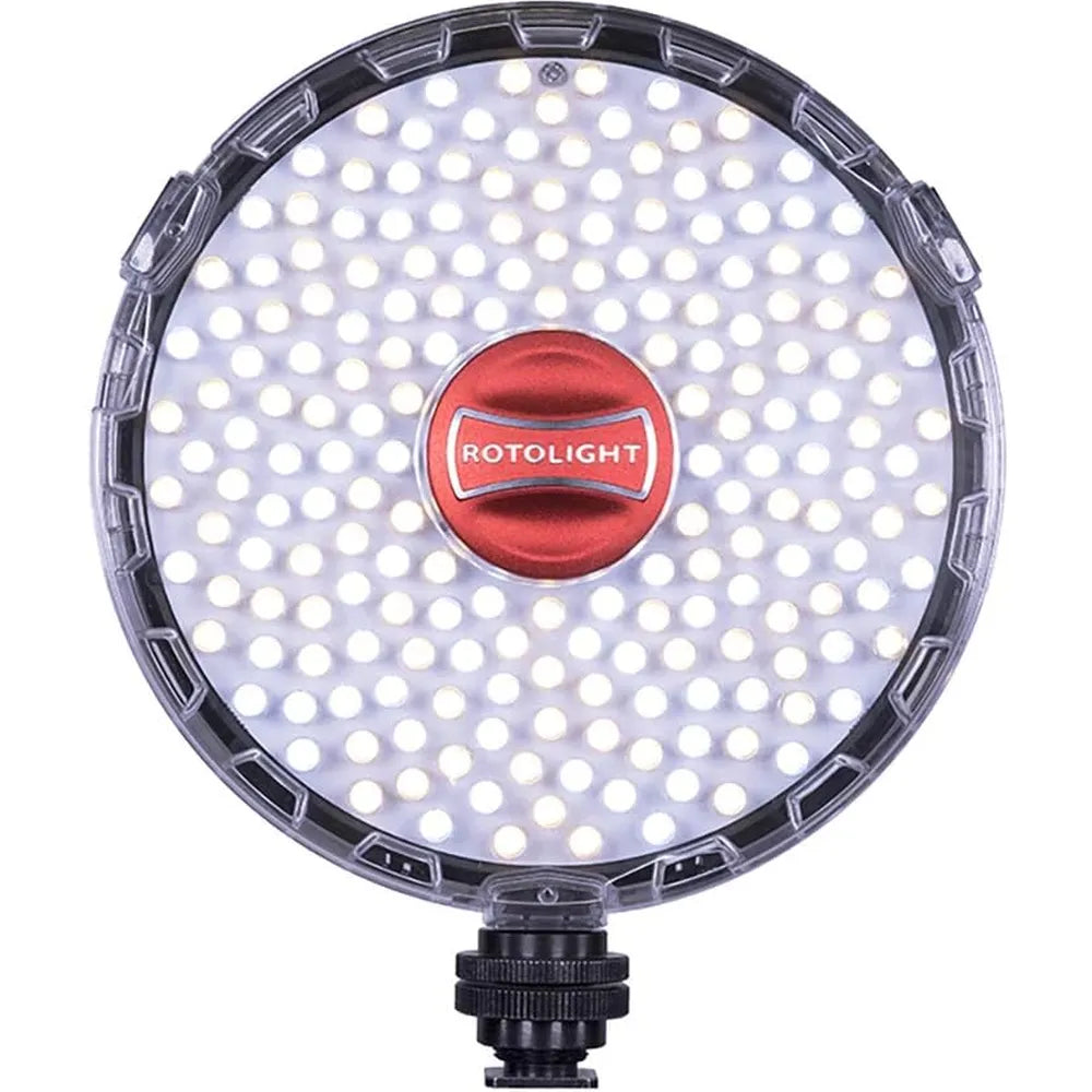 Circular LED light with Rotolight logo on a white background