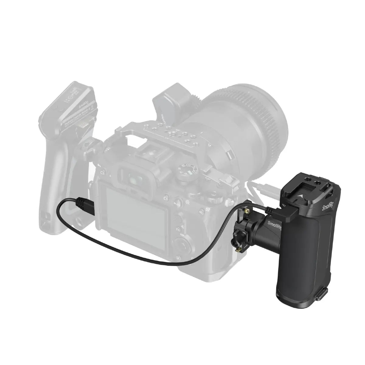 Camera with a battery pack and cable on a white background