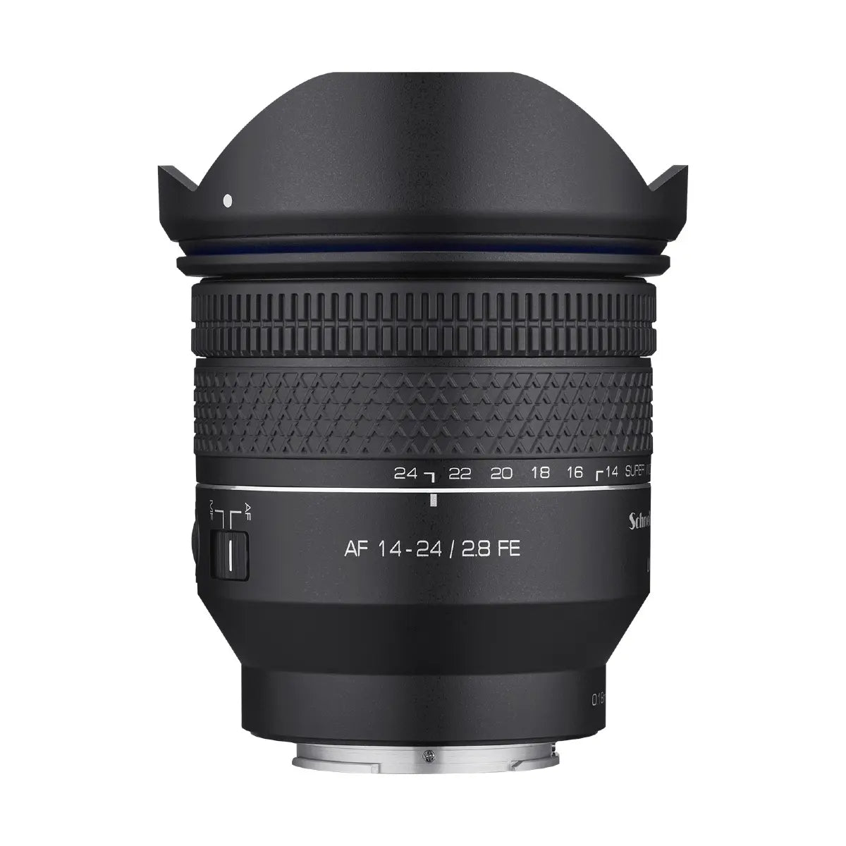 Samyang AF 14-24mm F2.8 - Sony FE top angle with lens hood attached