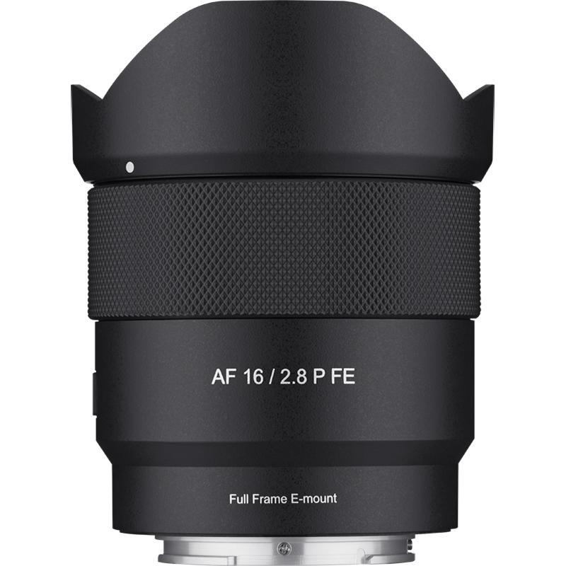 Black camera lens with text on a white background