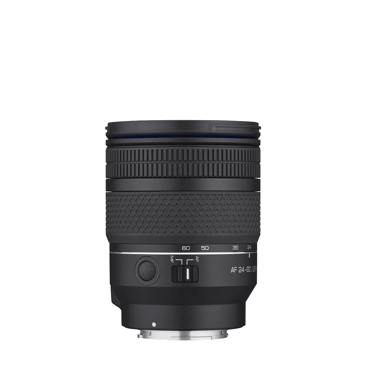 Black camera lens on a white background