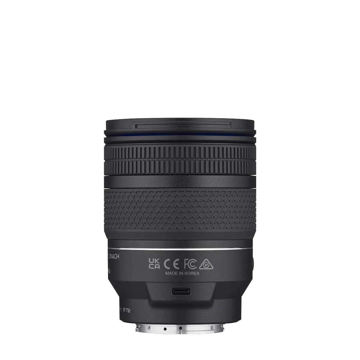 Black camera lens on a white background