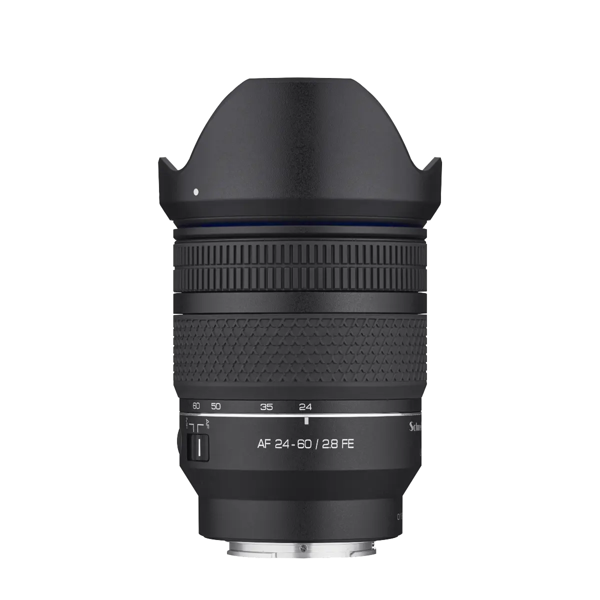 Camera lens with a hood on a white background
