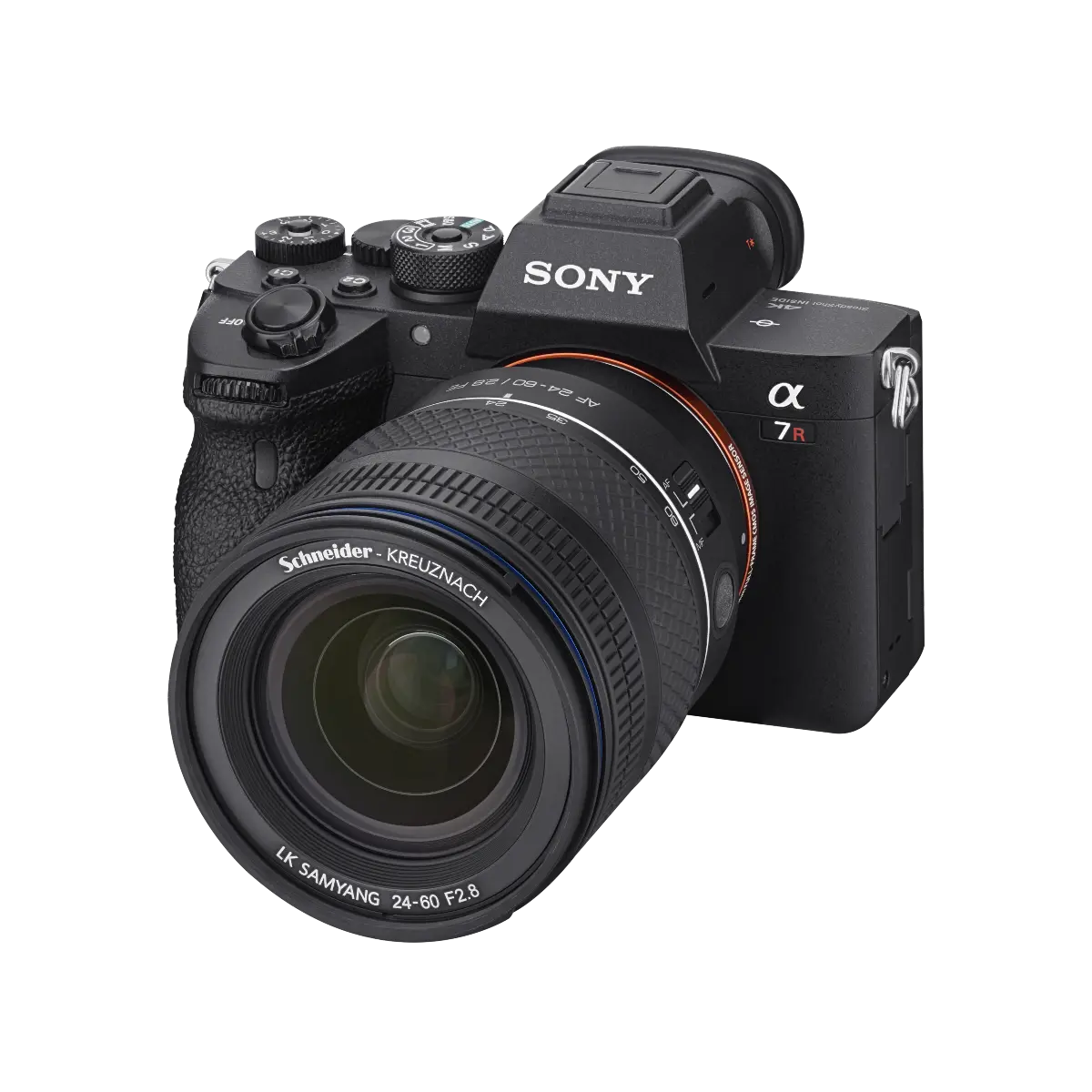 Sony camera with Schneider Kreuznach lens on a white background