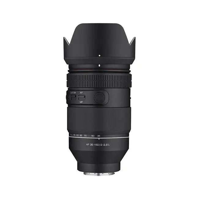 Black camera lens on a white background