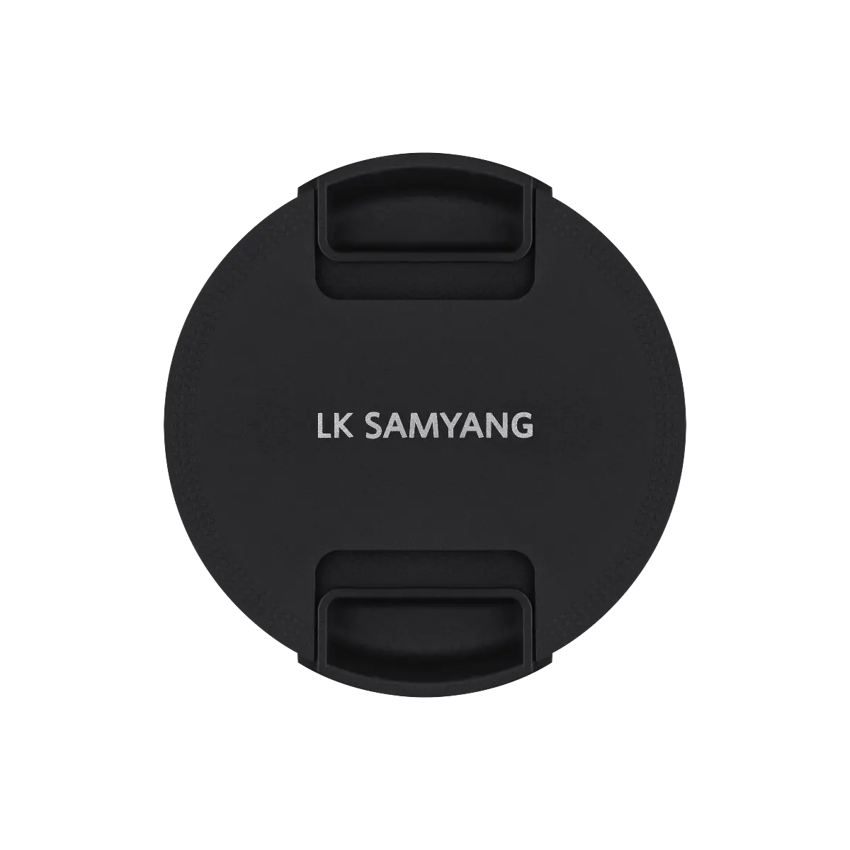 Black lens cap with 'LK Samyang' branding on a white background