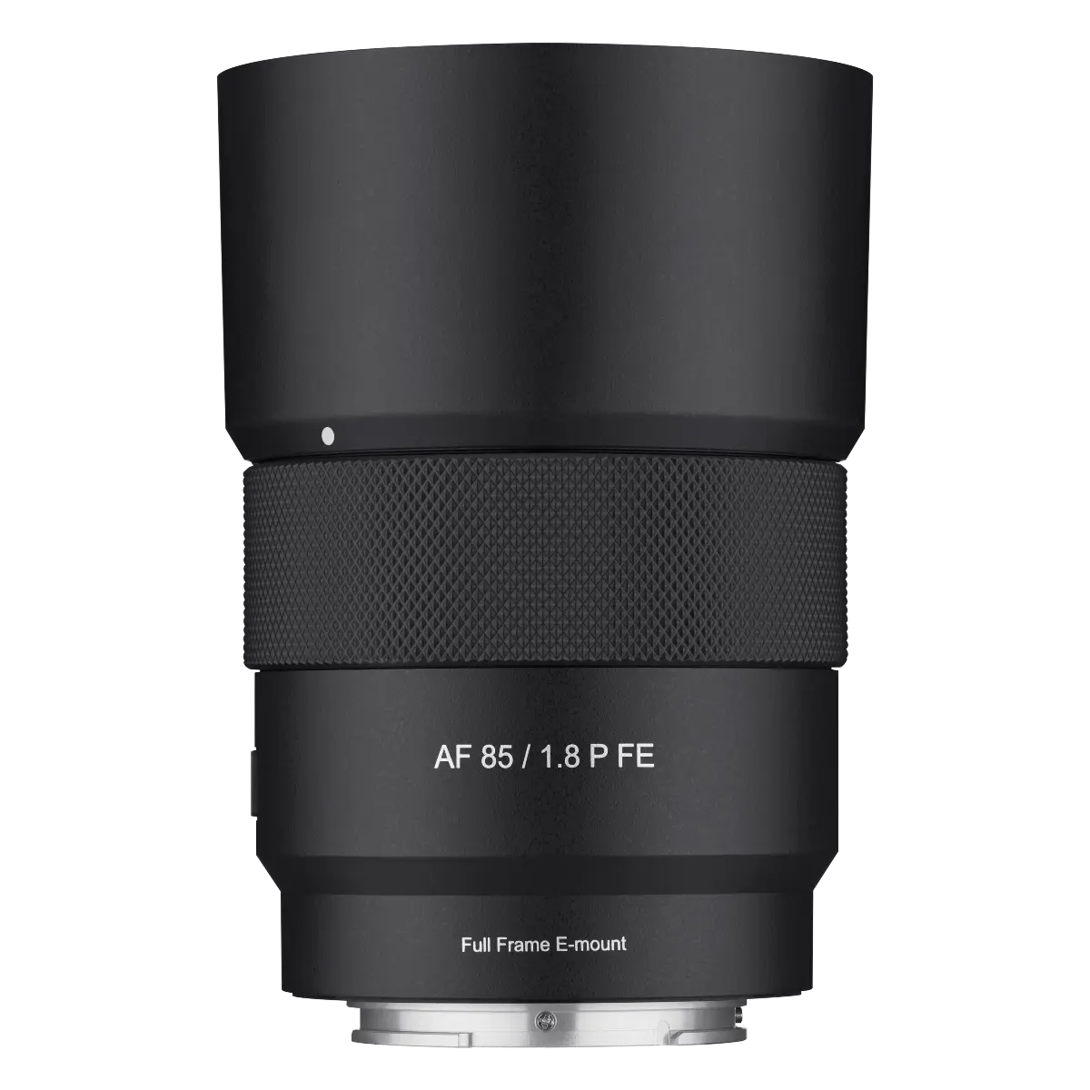 Black camera lens with text on a white background