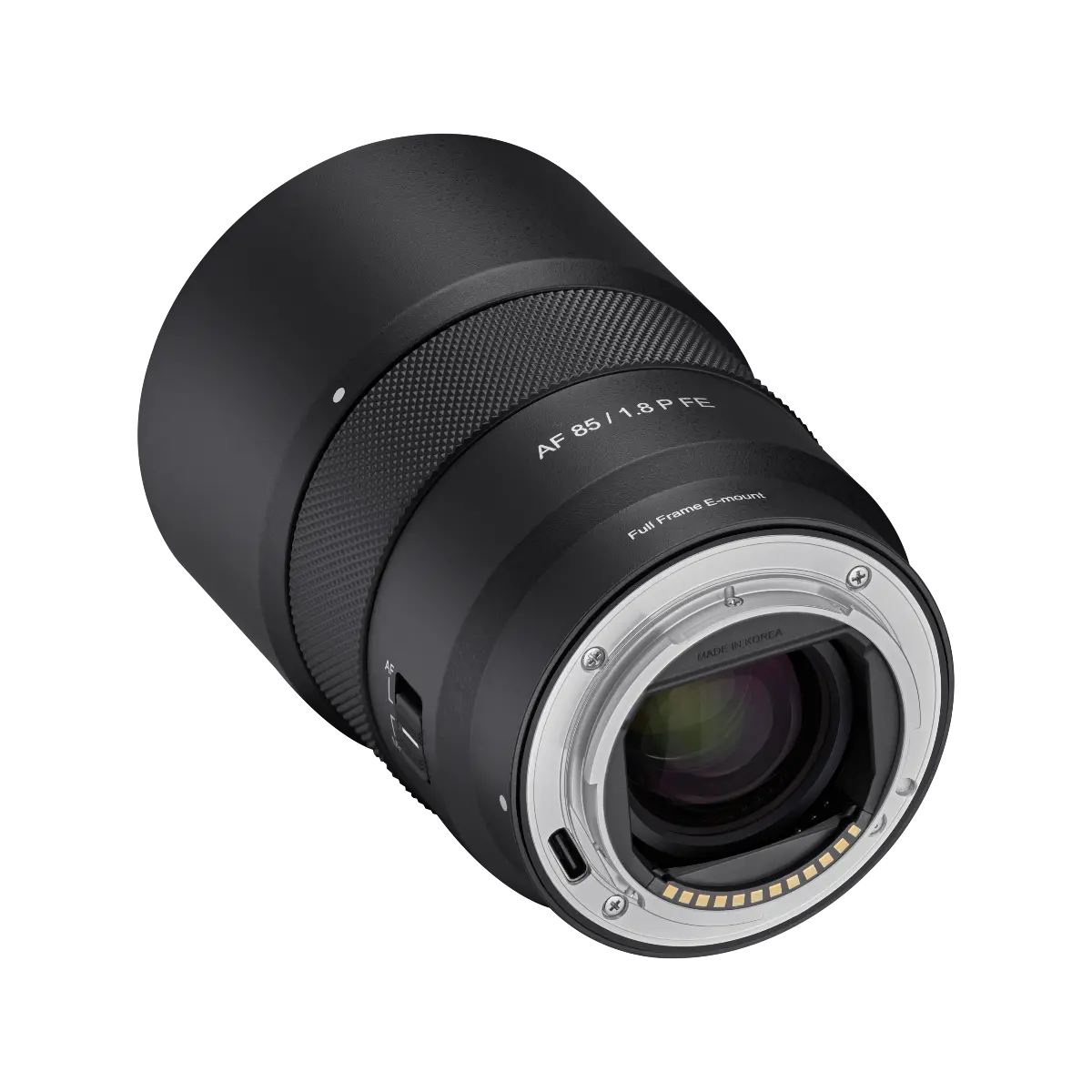 Camera lens with text on a white background