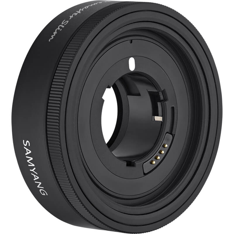 Camera lens adapter with Samyang branding on a white background