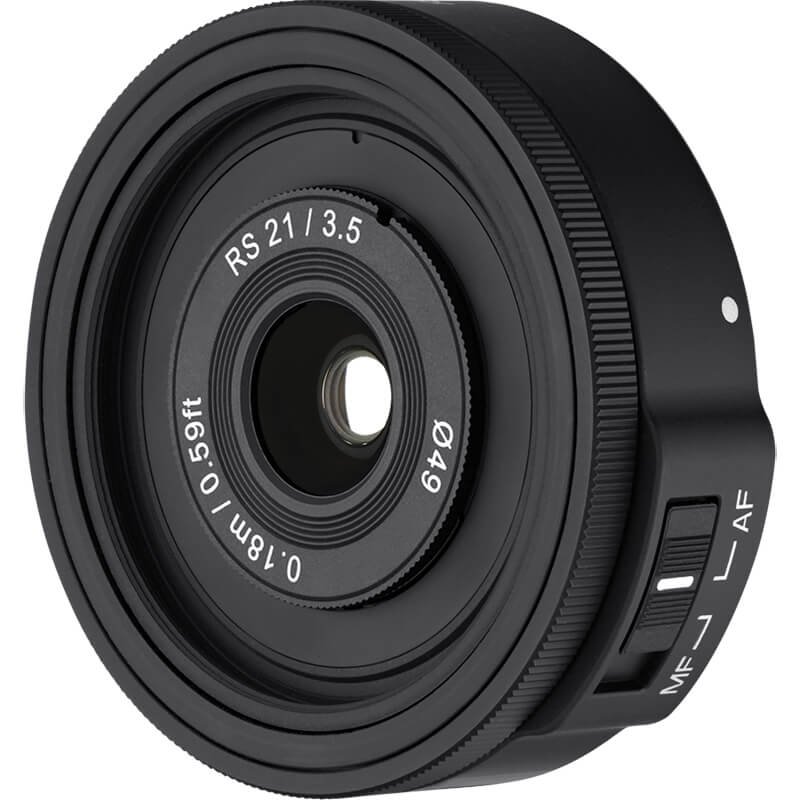 Black camera lens with text and controls on a white background