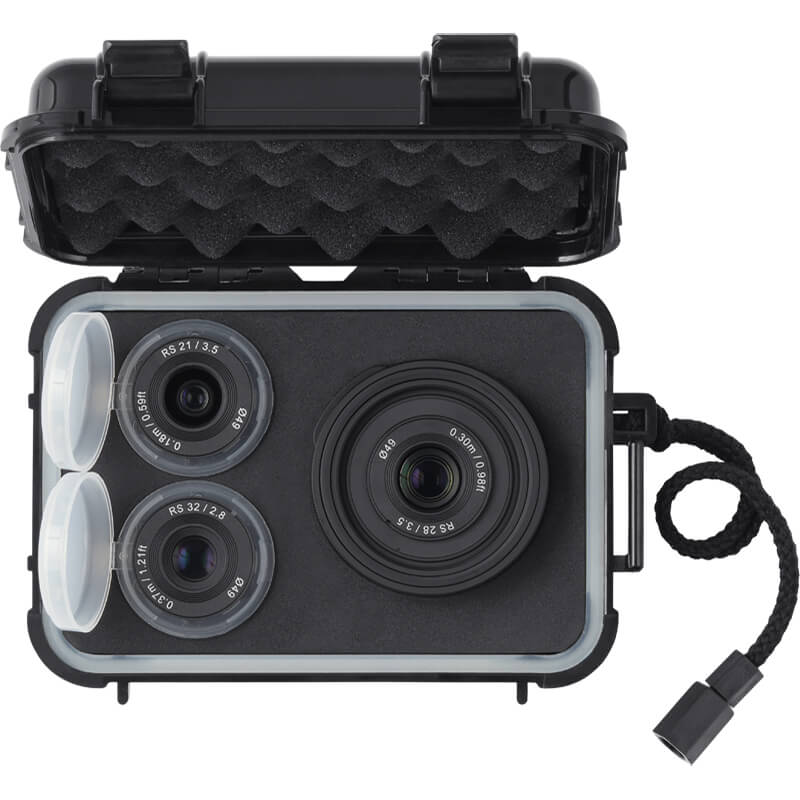 Camera lens set with protective case on a white background