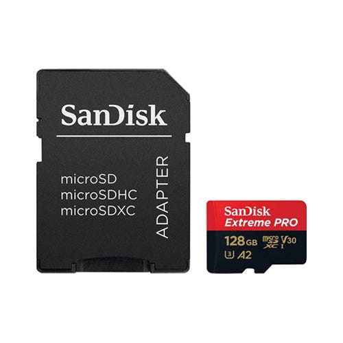 SanDisk 128GB Extreme PRO microSDXC front angle with adaptor