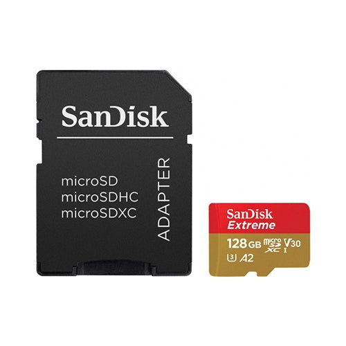 SanDisk Extreme 128GB microSDXC Memory Card – 160MB/s front angle with adaptor