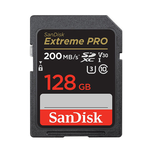 SanDisk Extreme PRO 128GB SDXC Memory Card front angle