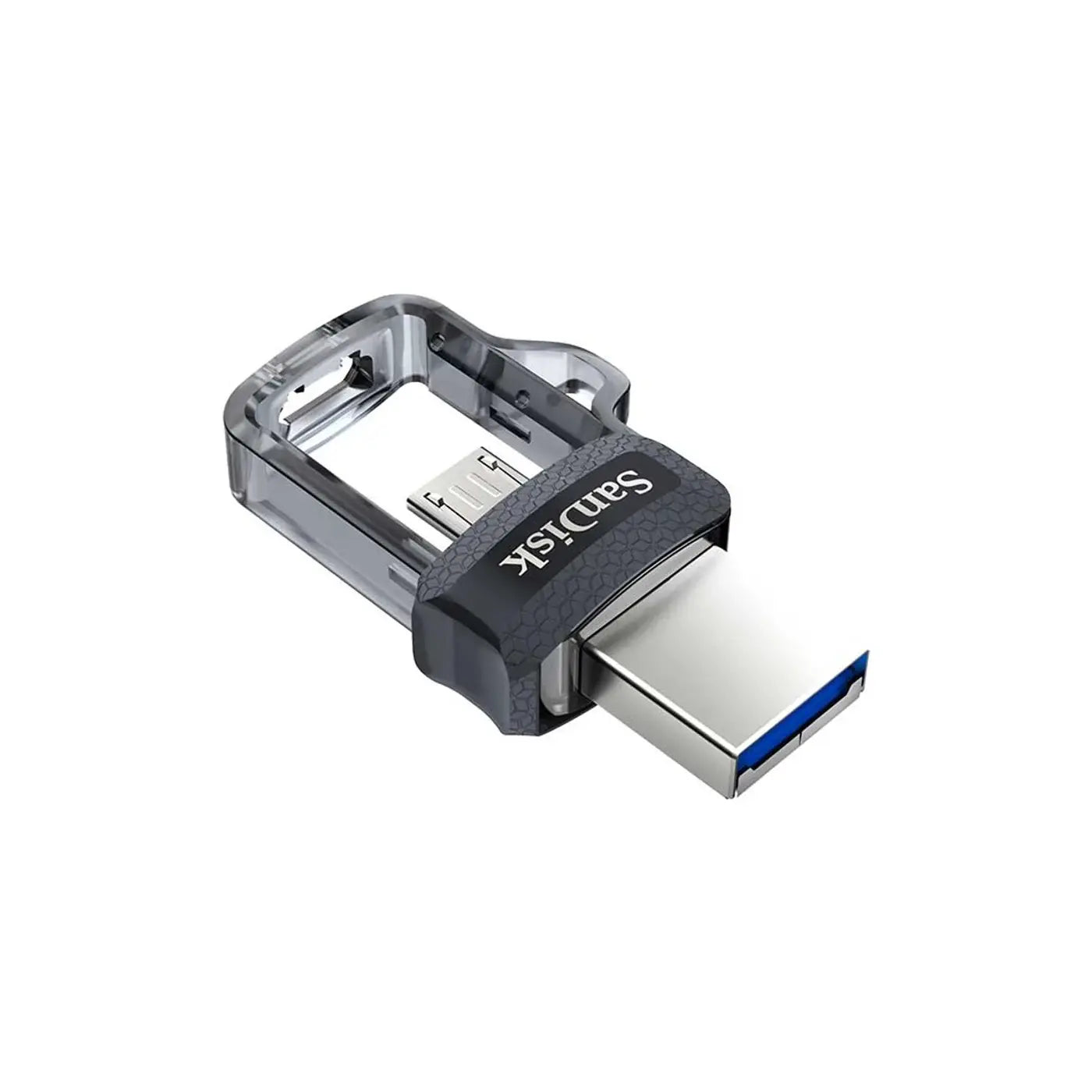 A Sandisk USB flash drive with a transparent outer shell, a black textured protective cap, and a silver USB connector with a blue accent, shown on a plain white background.