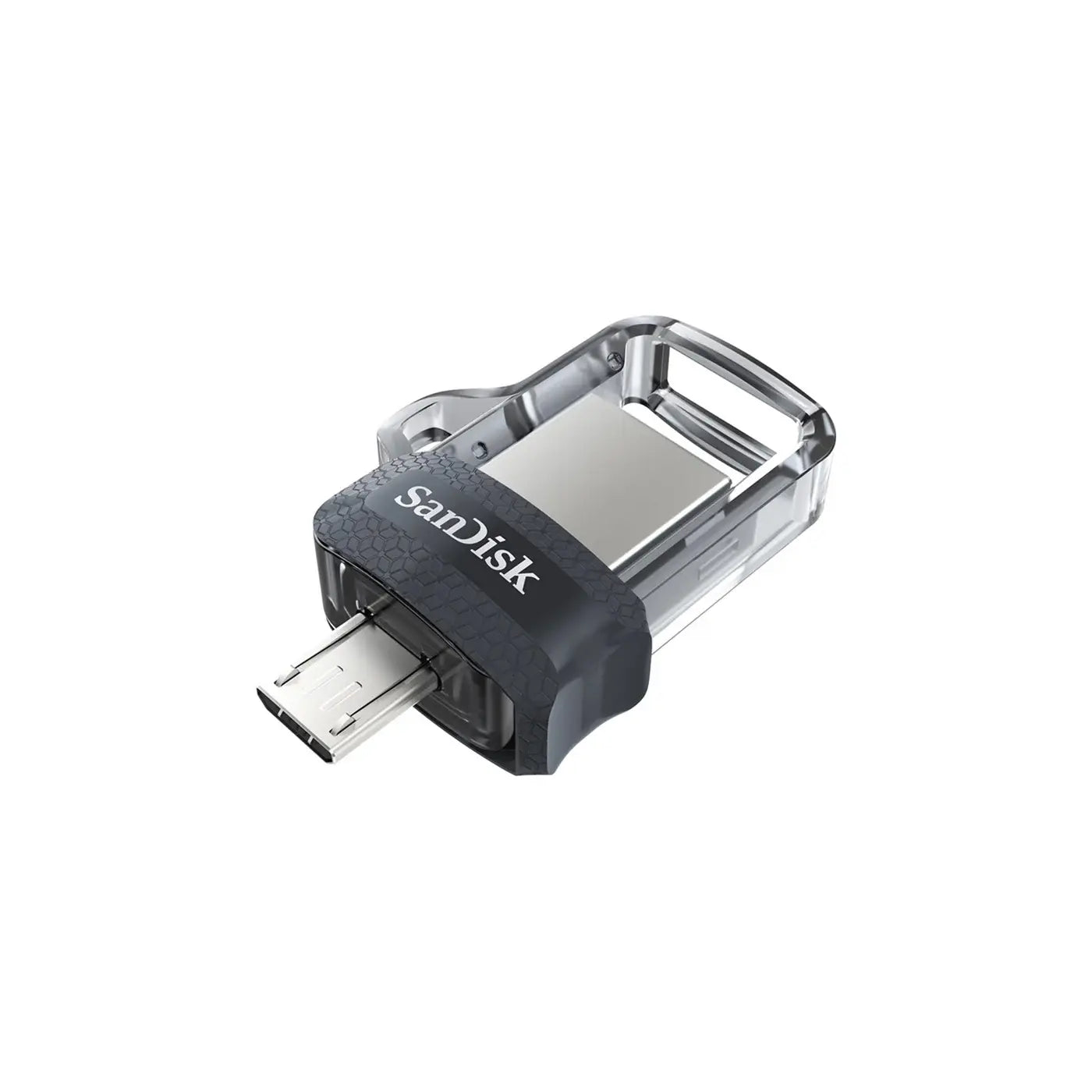 A SanDisk USB-C flash drive with a transparent protective case and a black textured cap, shown on a plain white background.