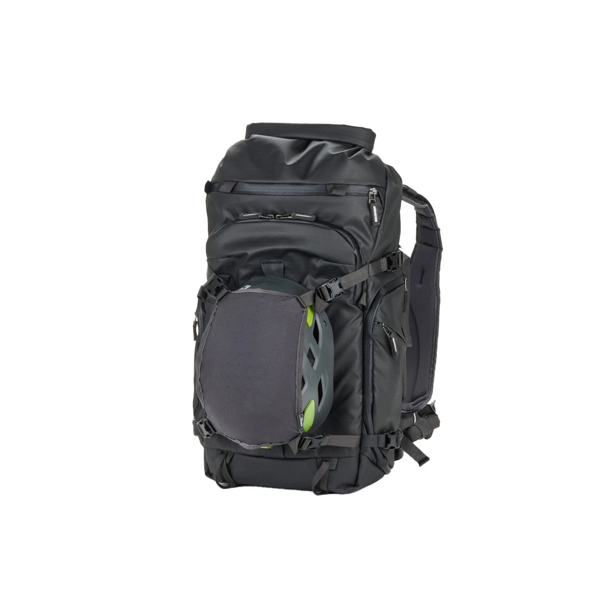 A black technical backpack with a front-mounted dark gray helmet, shown against a plain white background.