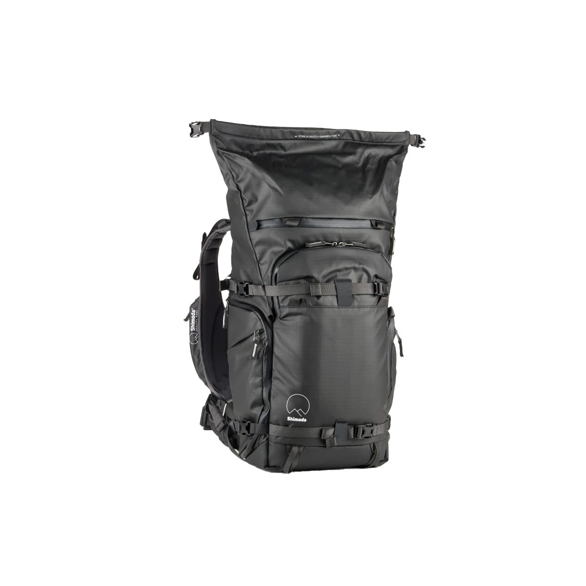 A black technical outdoor backpack with multiple zippered compartments, shown from the back on a solid white background.