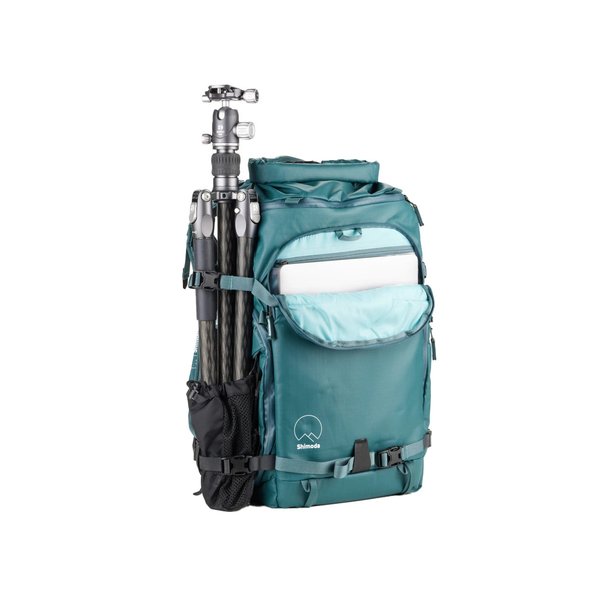 A teal and light blue backpack with a tripod attached to its side, shown against a plain white background. The backpack features a front zippered pocket.
