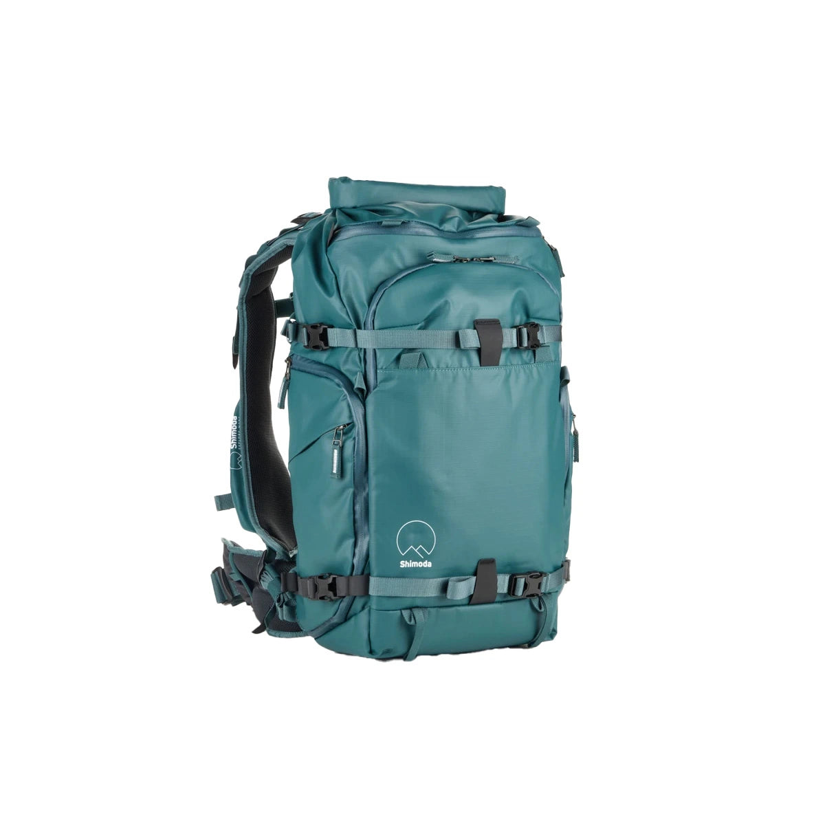 A teal blue hiking backpack with multiple zippered compartments, compression straps, and padded shoulder straps, shown from the front on a plain white background.