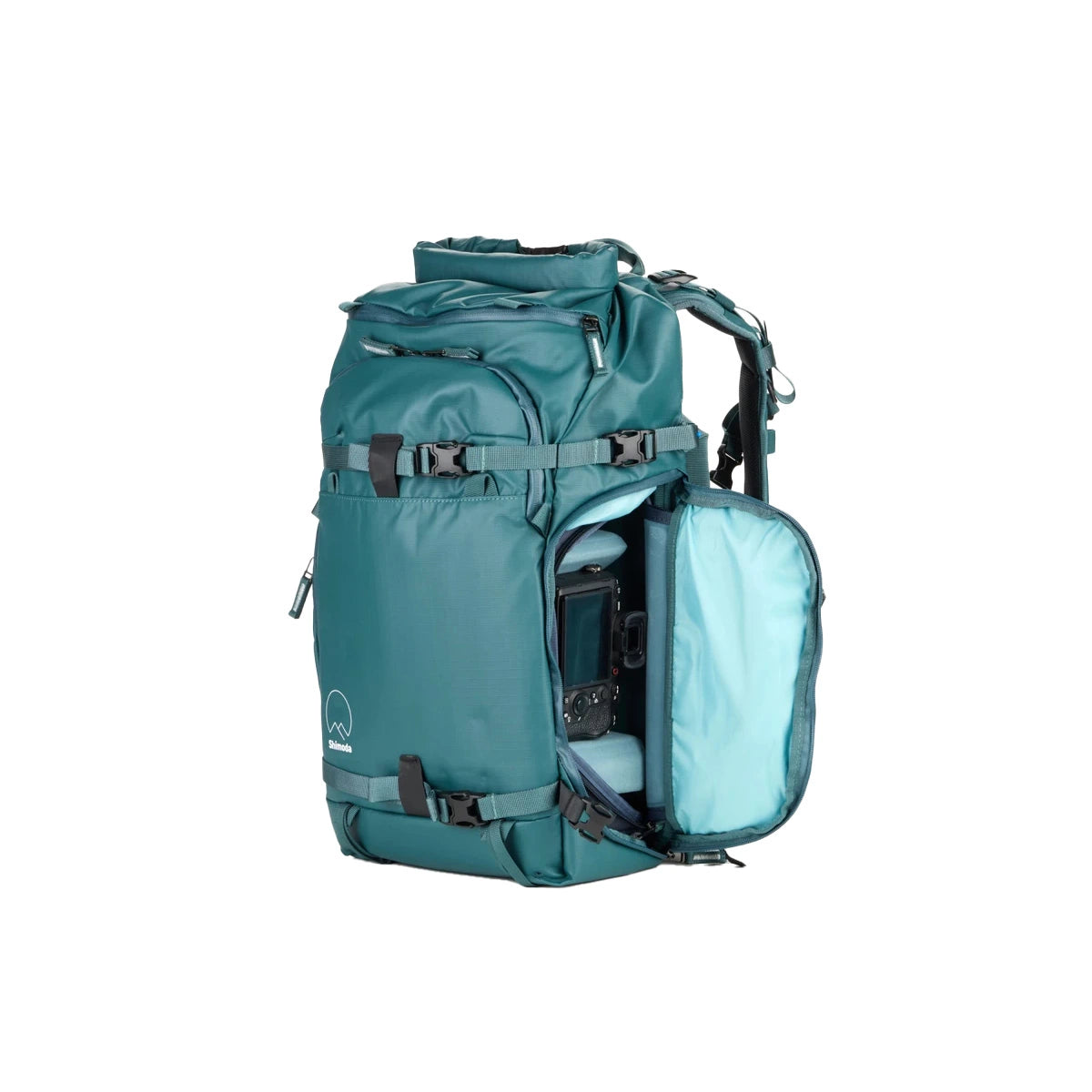 A teal outdoor backpack shown on a white background with its side compartment open, revealing a light blue inner pouch and a camera inside.