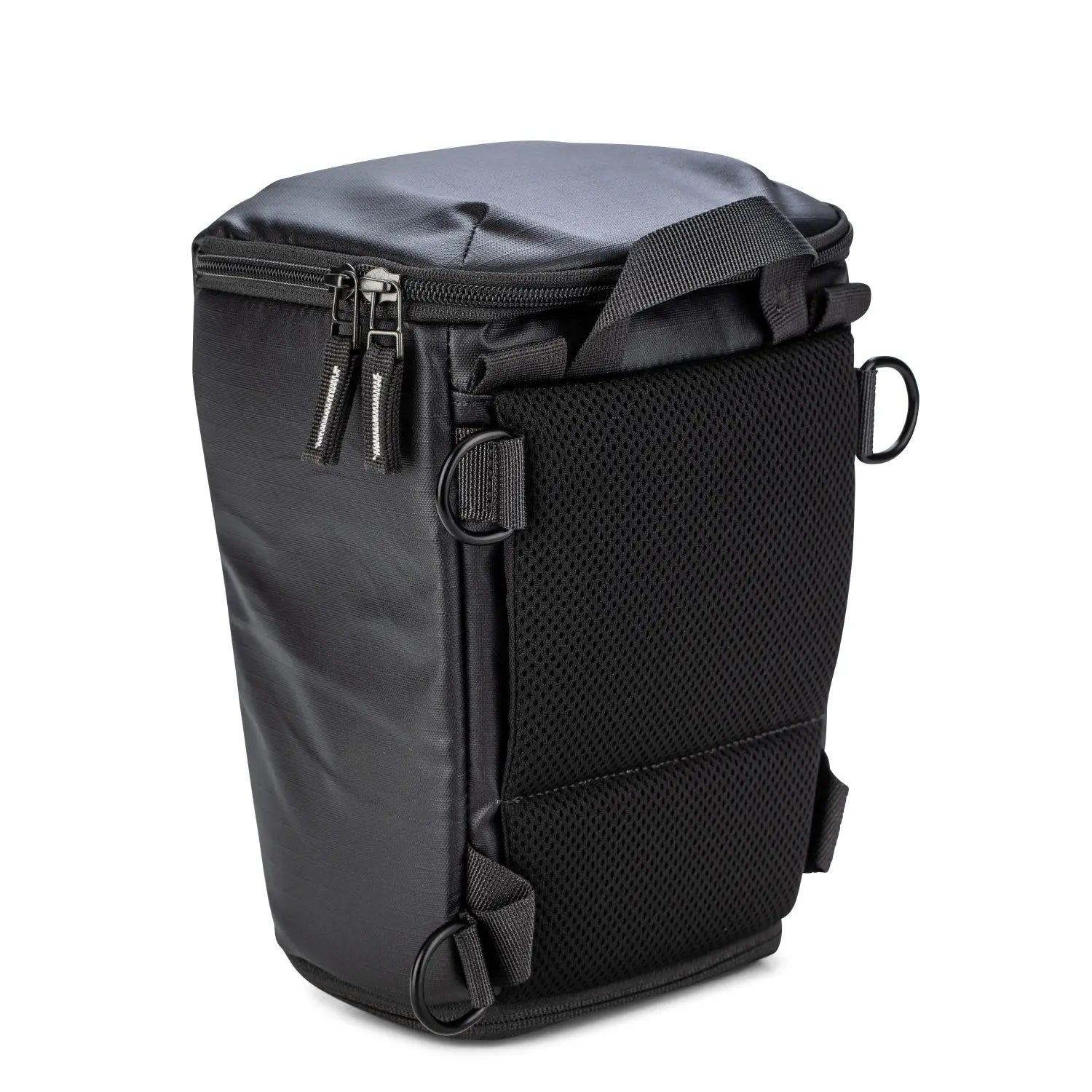 Black and gray backpack with multiple zippers on a white background