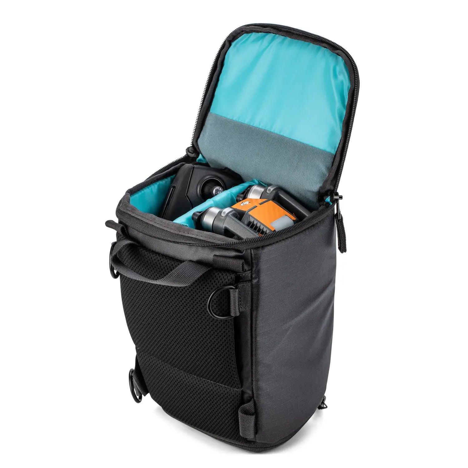 Black camera bag with turquoise interior, containing a camera and accessories, on a white background.