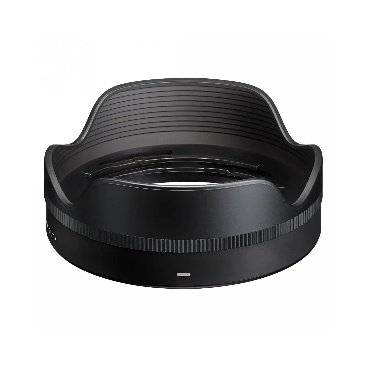 Black camera lens hood on a white background