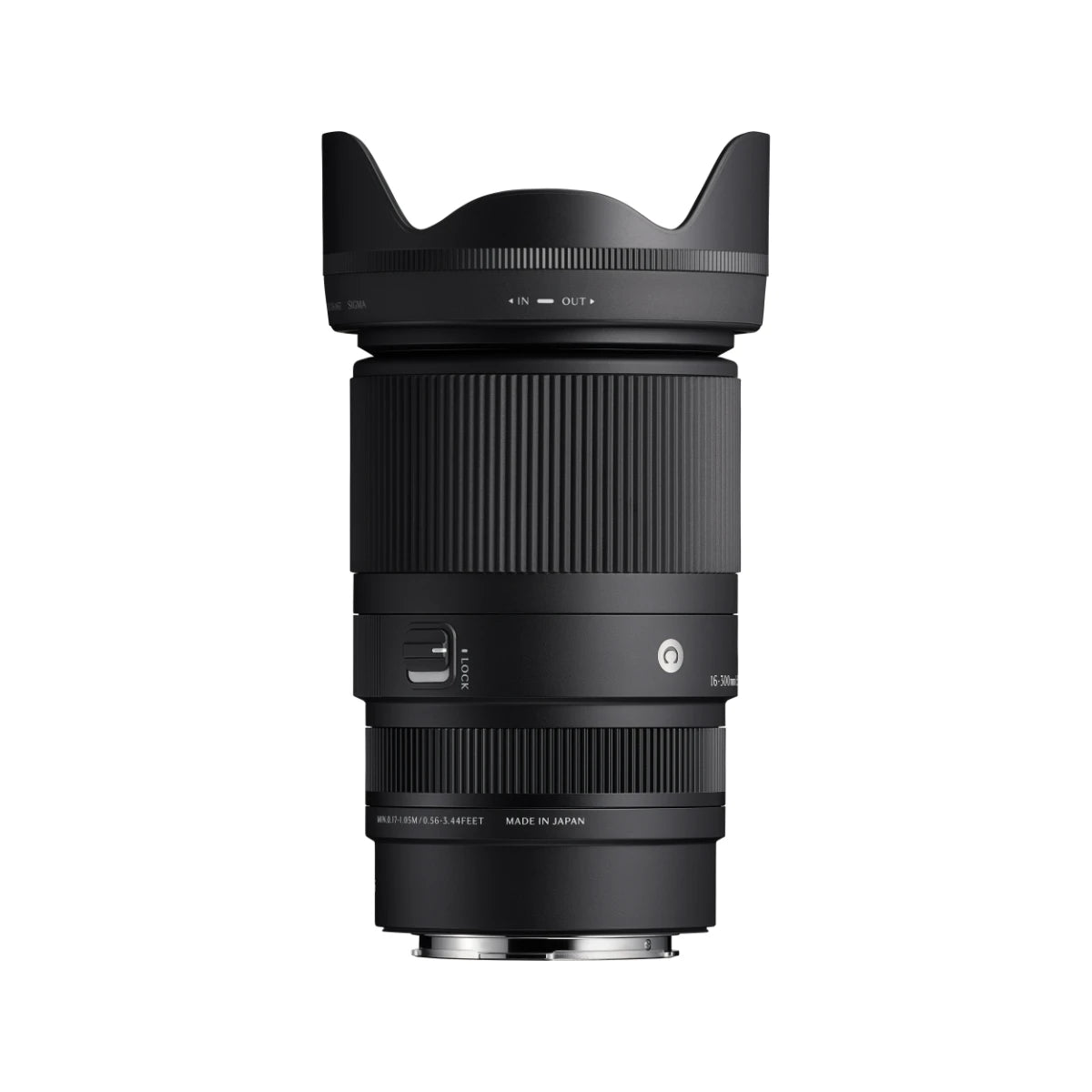 Camera lens with hood on a white background