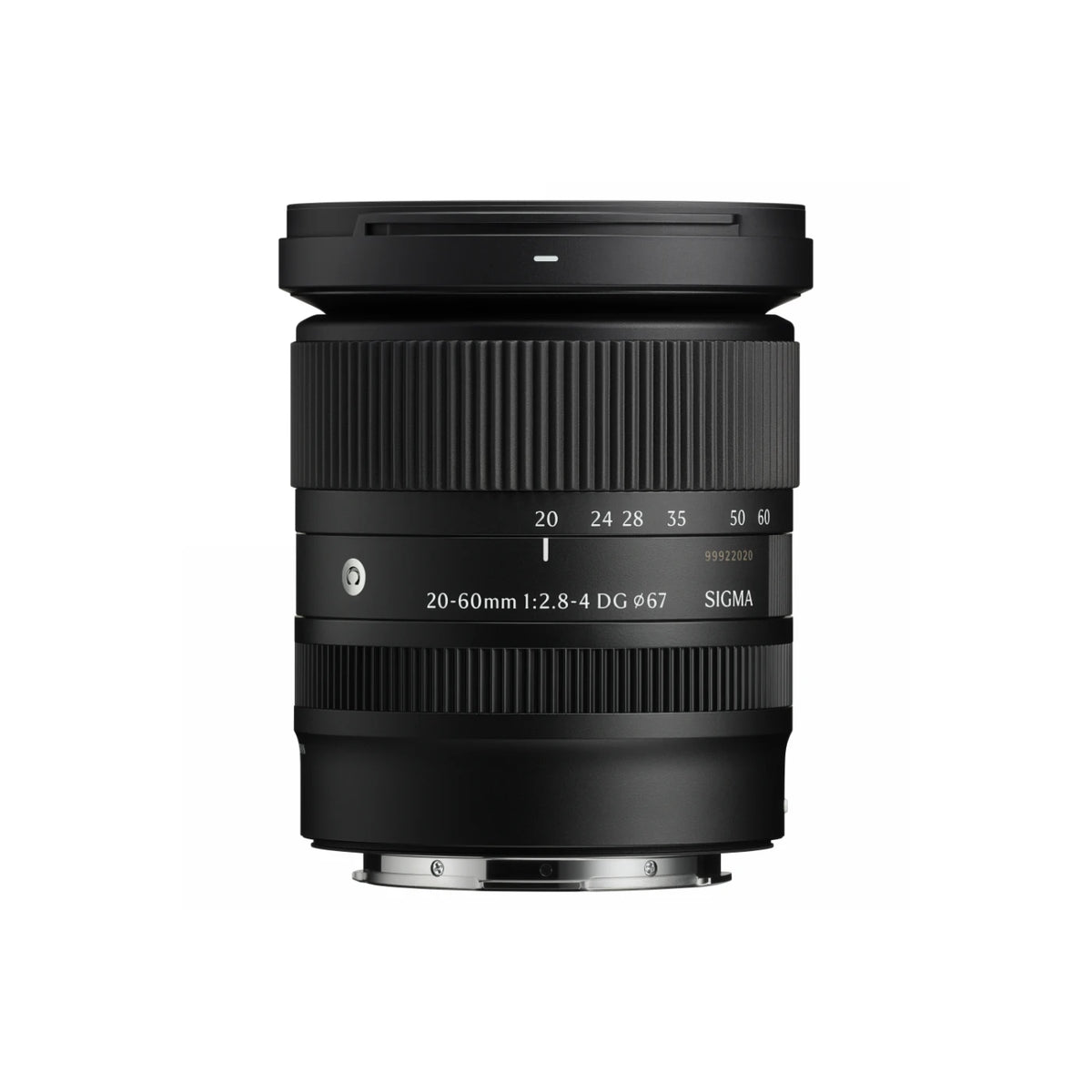 A Sigma 20-60mm f/2.8-4 DG lens in matte black, shown from the front against a solid white background.