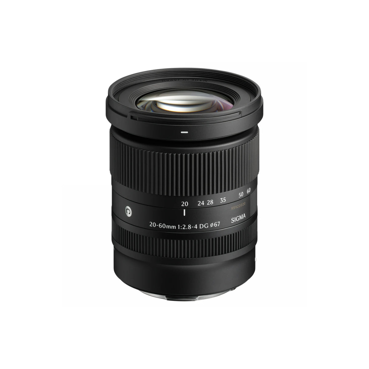 A Sigma 20-60mm f/2.8-4 DG lens in black, shown from a three-quarters angle on a solid white background.